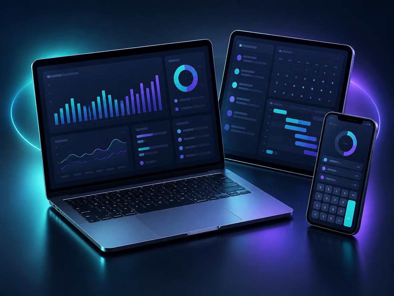 Laptop, tablet and phone showing digital tools and dashboards